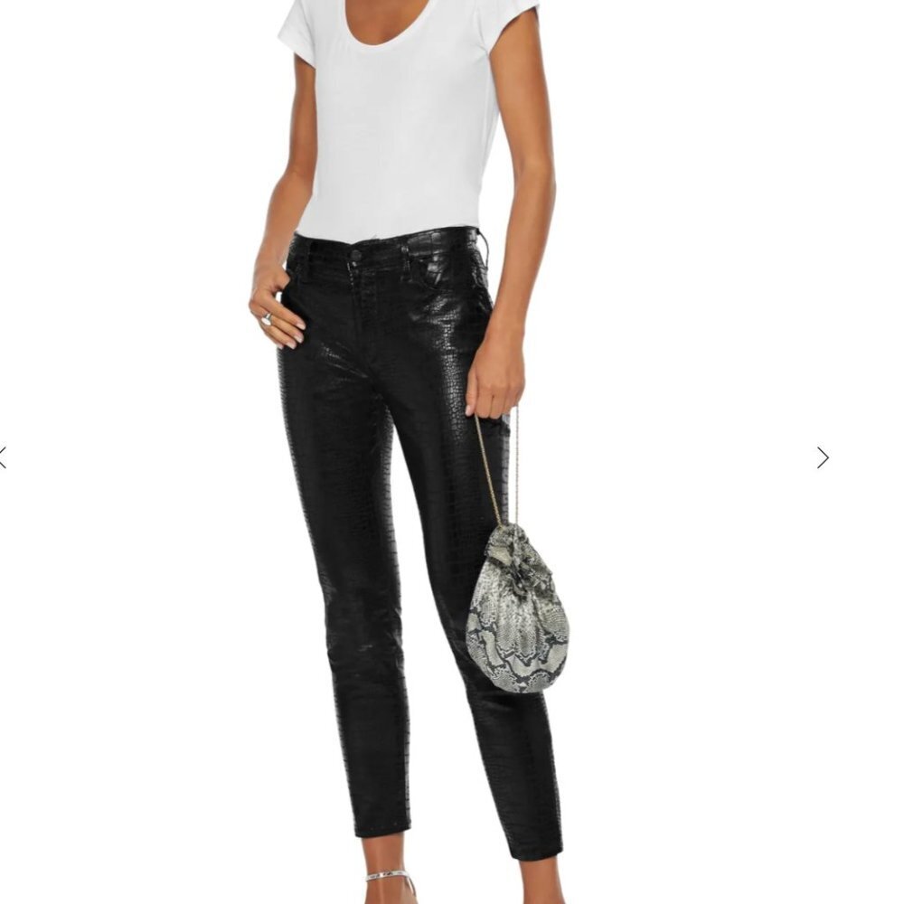FRAME Le High Skinny Cropped Croc-effect Mid-Rise Skinny Jeans Black Size 28